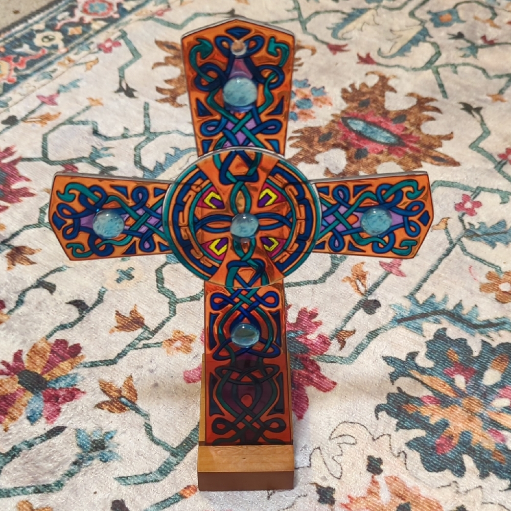 Artistic Hand Painted Glass Cross With Wooden Candle Holder Stand